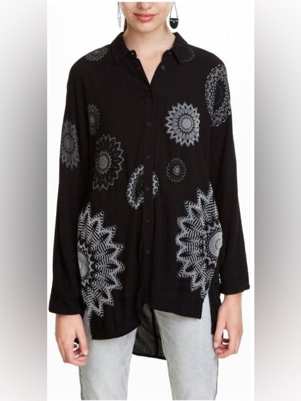 Desigual Black Button-Down Shirt with Gray Sunburst Motifs Small NWT
